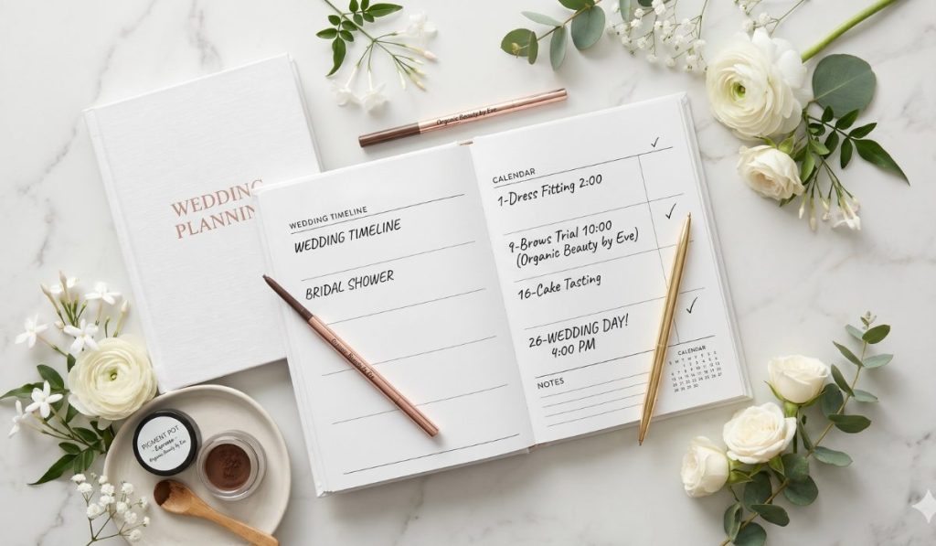Bridal wedding planning journal open to a timeline showing a brows trial appointment with Organic Beauty by Eve alongside dress fitting and wedding day dates, surrounded by white roses and organic pigment pot on marble surface